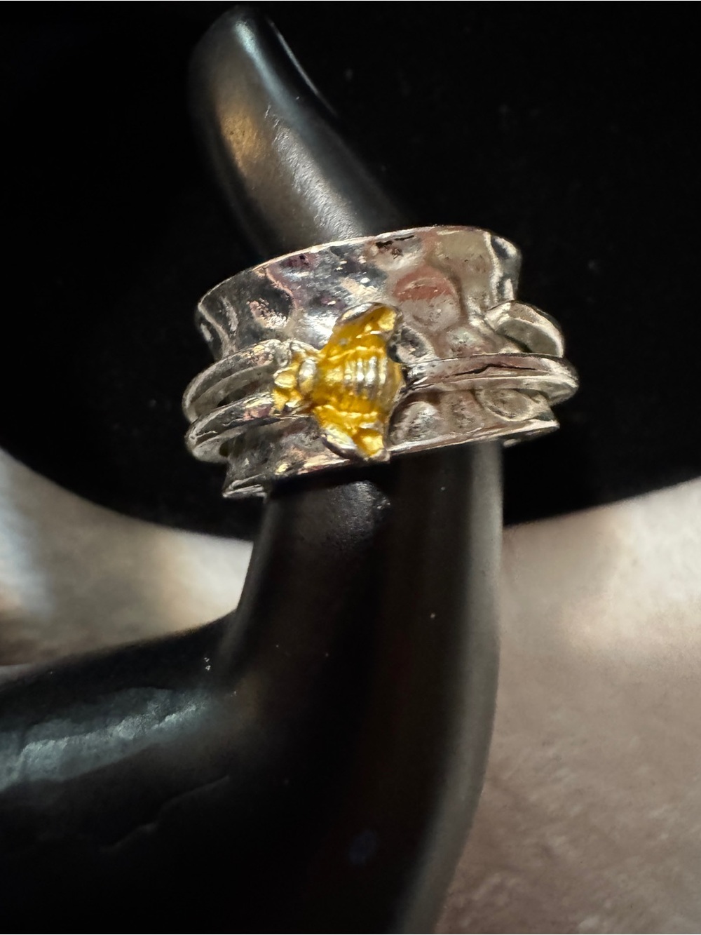 Two-Tone Floral Accent Wide Band Ring - Silver and Gold